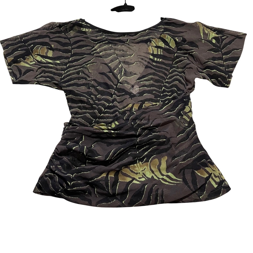 Max Mara Mesh Top Womens M Black Green Zebra Print Ruched‎ V-Back Made in Italy